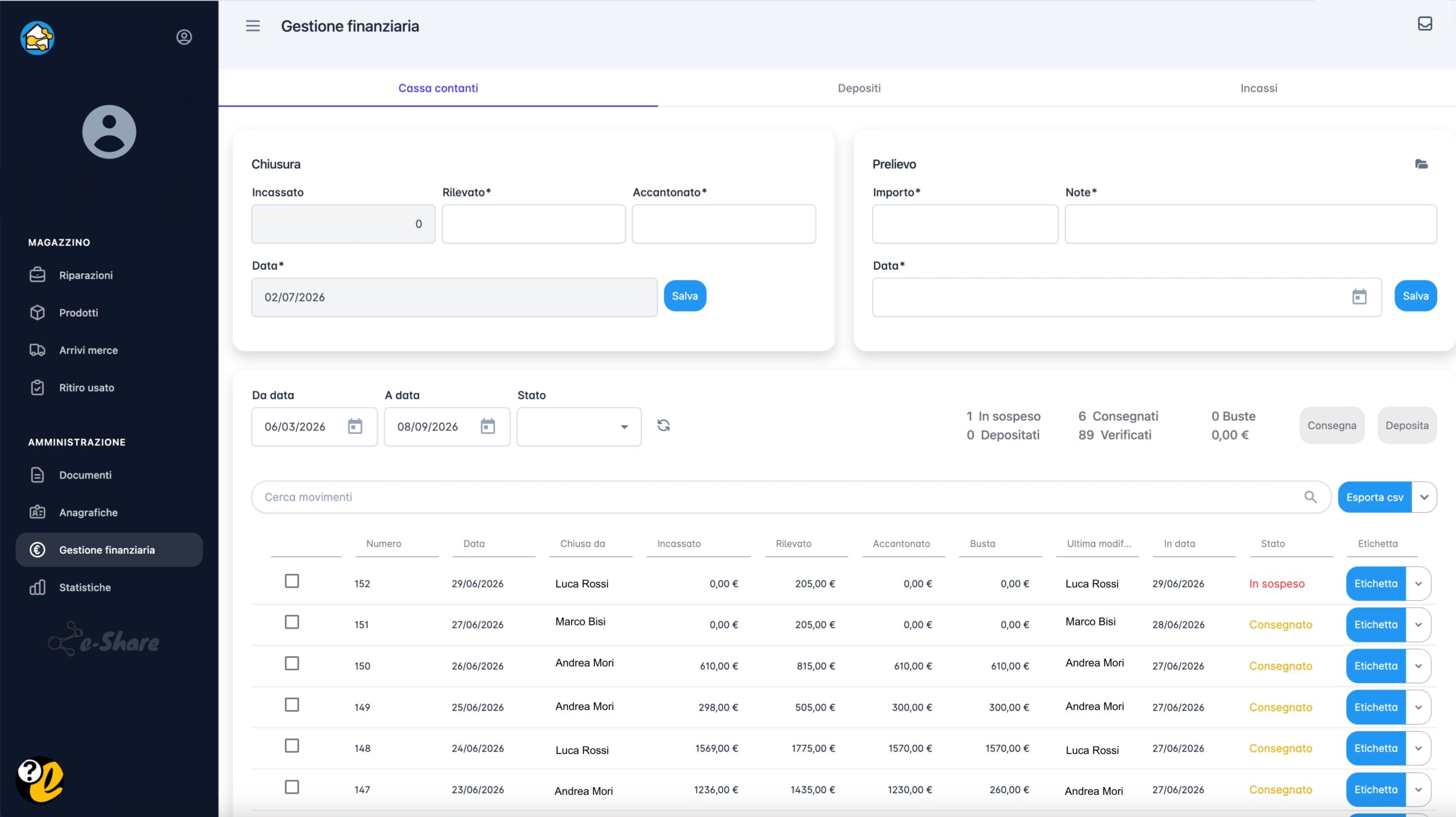e-Share — Cassa e incassi